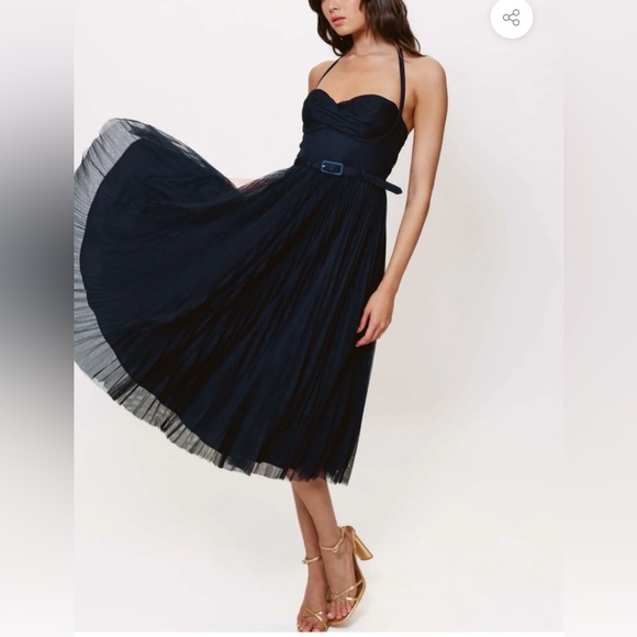 Hutch Anthropologie Rumor Sweetheart Pleated Tulle Midi Dress Navy Blue Womens 2 - Picture 2 of 11